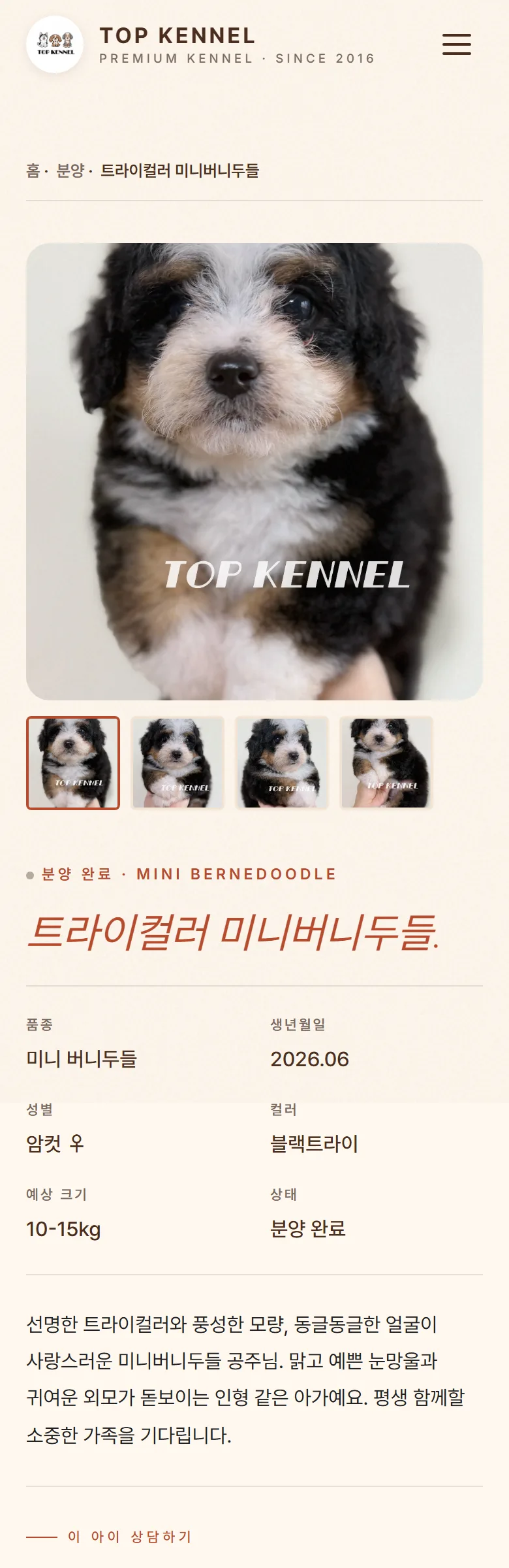 TOP KENNEL 분양 상세 화면